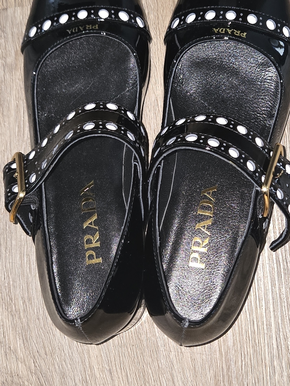 Prada Black Patent Mary Jane Shoes with White Stud Accents - Picture 3 of 6